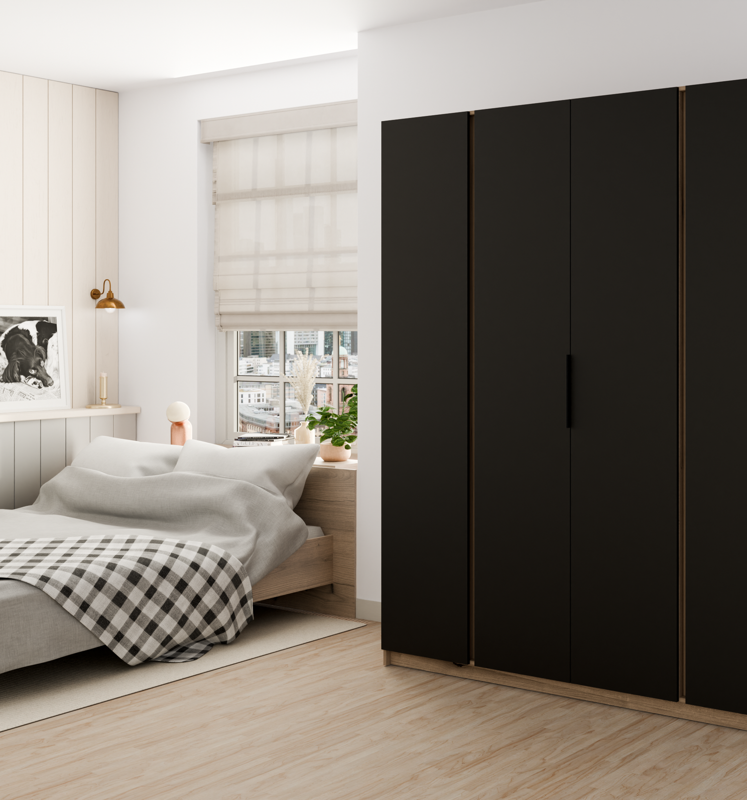 KAJA 4F - AVAILABLE IN 4 COLORSDimensions: 2000 x 2390 x 619 mm (W x H x D)Number of Packages: 6Front:- laminated plate 16 mm - black- the edge of ABS- handle UA-HEXA-256-20M, 256 mm / aluminumThe body:- laminated plate 16 mm - oak evoke- melamine / ABS p