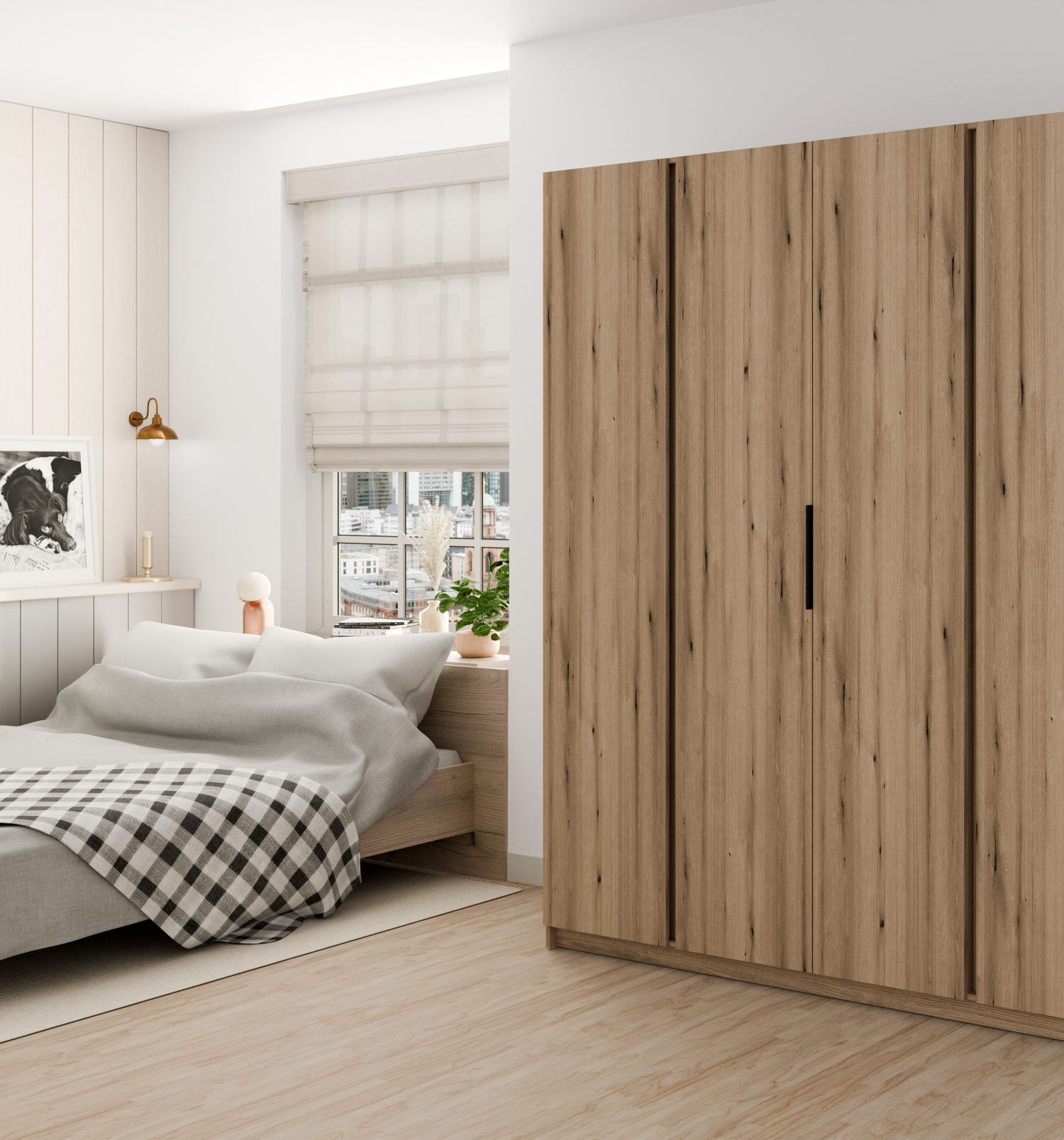 KAJA 4F - AVAILABLE IN 4 COLORSDimensions: 2000 x 2390 x 619 mm (W x H x D)Number of Packages: 6Front:- laminated plate 16 mm - black- the edge of ABS- handle UA-HEXA-256-20M, 256 mm / aluminumThe body:- laminated plate 16 mm - oak evoke- melamine / ABS p