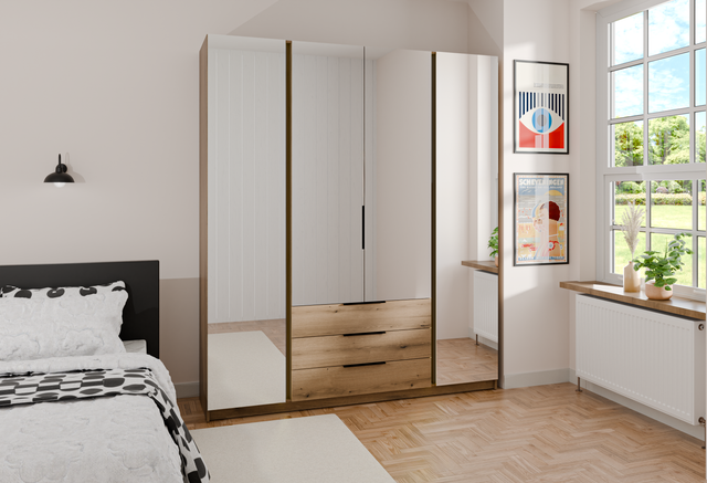 KAJA 4 LUSTRO 3S - AVAILABLE IN 4 COLORSDimensions: 2000 x 2390 x 619 mm (W x H x D)Number of Packages: 6Front:- laminated plate 16 mm- the edge of ABS- handle UA-HEXA-256-20M, 256 mm / aluminumThe body:- laminated plate 16 mm- melamine / ABS peripheryDra