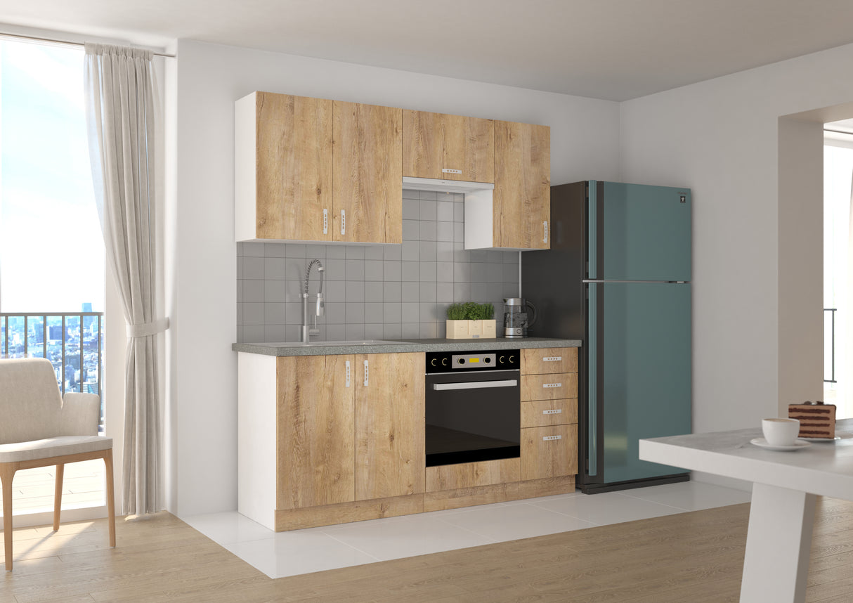 SARA KITCHEN SET LEFKAS OAKThe set includes the following elements:Upper cabinets (hanging) SARA SONOMA 80 G-72 2F | width 80cm, depth 31cm, height 72cm SARA SONOMA 60 OK-40 1F | width 60cm, depth 31cm, height 40cm SARA SONOMA 40 G-72 1F | width 40cm, dep