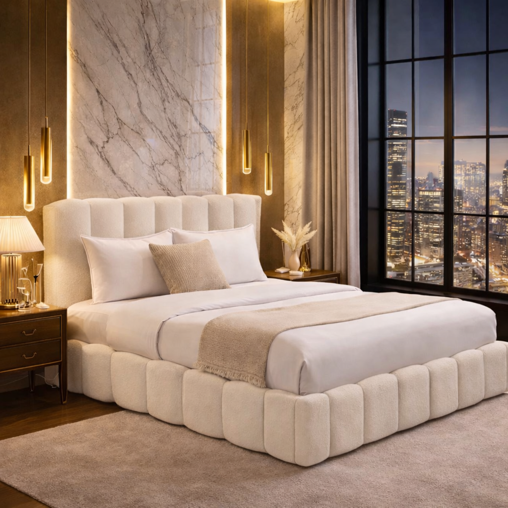 FREE DELIVERY! Ottoman Bed Frame Cloud – Teddy Boucle fabric | Available in All Sizes / Ivory - Anna Furniture