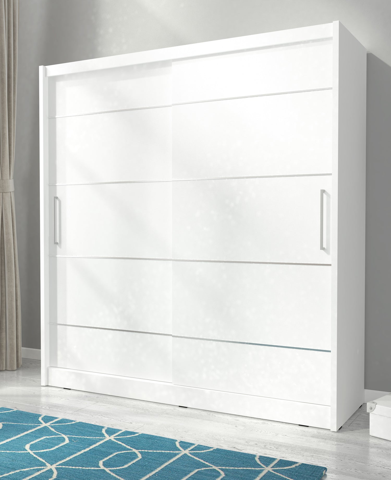 SLIDING DOOR WARDROBE MAJA ALU 180CM WHITESliding wardrobes with mirrors - a clever way to optically enlarge the room Maximize your space with the MAJA ALU 180CM WHITE sliding door wardrobe. Color: Body: WHITE Front: white + silver strips The wardrobe's s