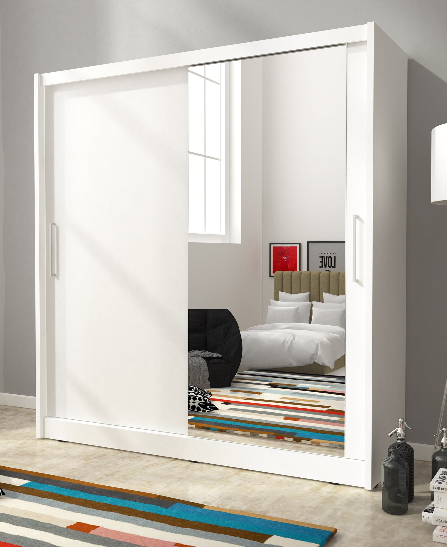 SLIDING DOOR WARDROBE MAJA I 180CM WHITESliding wardrobes with mirror - a clever way to optically enlarge the room Maximize your space with the MAJA I 180CM WHITE sliding door wardrobe. The mirrored panel create the illusion of more room, making it a smar