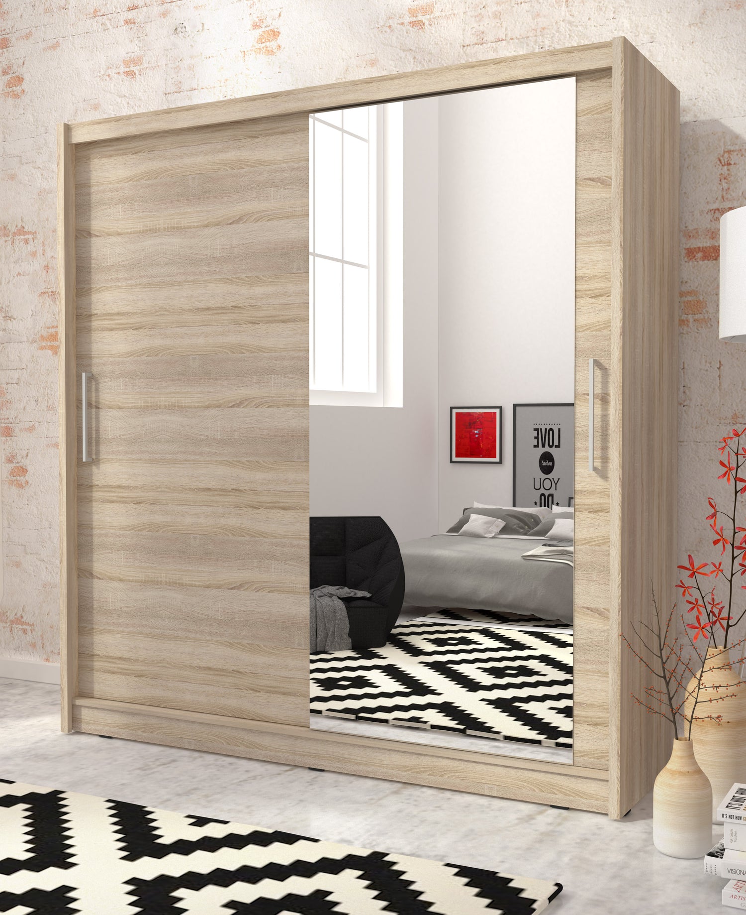 SLIDING DOOR WARDROBE MAJA I 180CM SONOMASliding wardrobes with mirror - a clever way to optically enlarge the room Maximize your space with the MAJA I 180CM SONOMA sliding door wardrobe. The mirrored panel create the illusion of more room, making it a sm