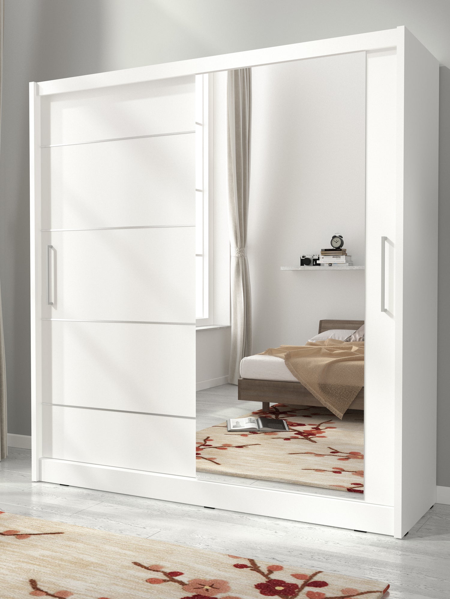 SLIDING DOOR WARDROBE MAJA I ALU 200CM WHITESliding wardrobes with mirror - a clever way to optically enlarge the room Maximize your space with the MAJA I ALU 200CM WHITE sliding door wardrobe. The mirrored panel create the illusion of more room, making i