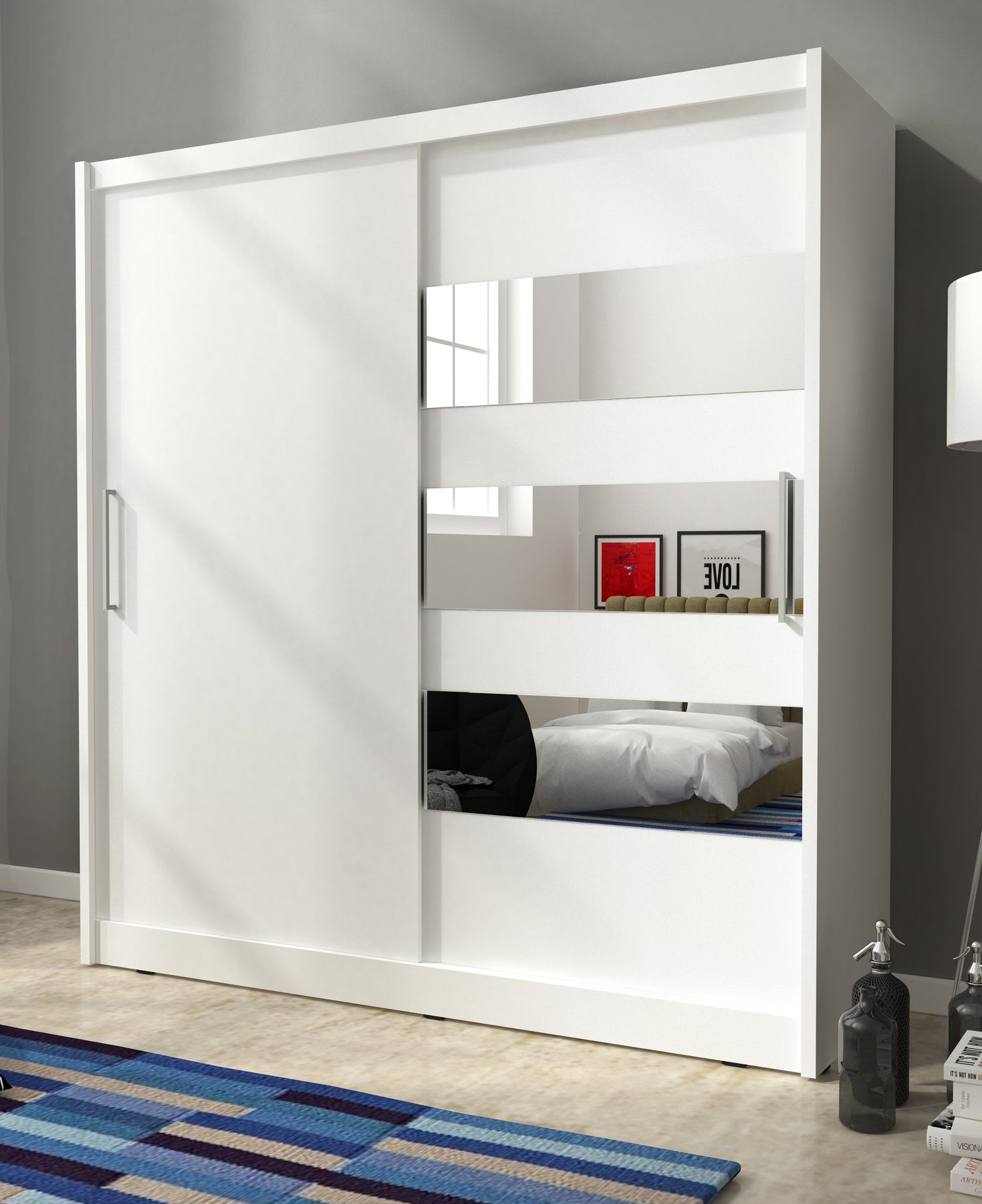 SLIDING DOOR WARDROBE MAJA III 200CM WHITESliding wardrobes with mirror - a clever way to optically enlarge the room Maximize your space with the MAJA III 200CM WHITE sliding door wardrobe. The mirrored panel create the illusion of more room, making it a