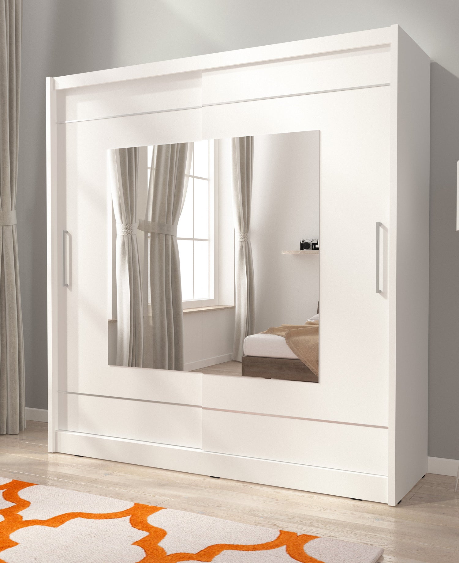 SLIDING DOOR WARDROBE MAJA IX 200CM WHITESliding wardrobes with mirror - a clever way to optically enlarge the room Maximize your space with the MAJA IX 200CM WHITE sliding door wardrobe. The mirrored panel create the illusion of more room, making it a sm