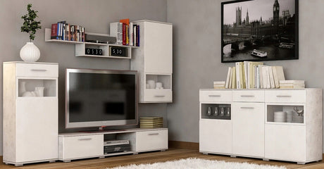 TV WALL UNIT MAXI SET WITH SIDEBOARD WHITE/CONCRETE GREYOverall dimensions of the wall unit: 2300 x 2000 x 402mm (W x H x D)Number of packages: 2Front:- 15mm white laminated board- melamine rim- glass with a black print- handle: 128mm plasticBody:- 15mm w