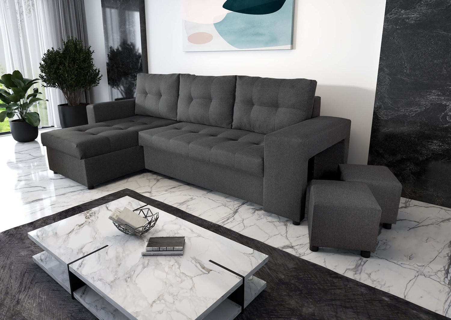 CORNER SOFA BED LEON 255CM 2X STORAGE SPACE UNIVERSAL CORNER RIGHT/LEFT CORNER / BONELL SPRINGS + FOAMFEATURES:BONELL SPRINGS + T28 FOAM 3 X LARGE BACKREST PILLOWS 2X STORAGE SPACE 2X STOOLBed-folding function DL SYSTEM (The unfolding process involves gen