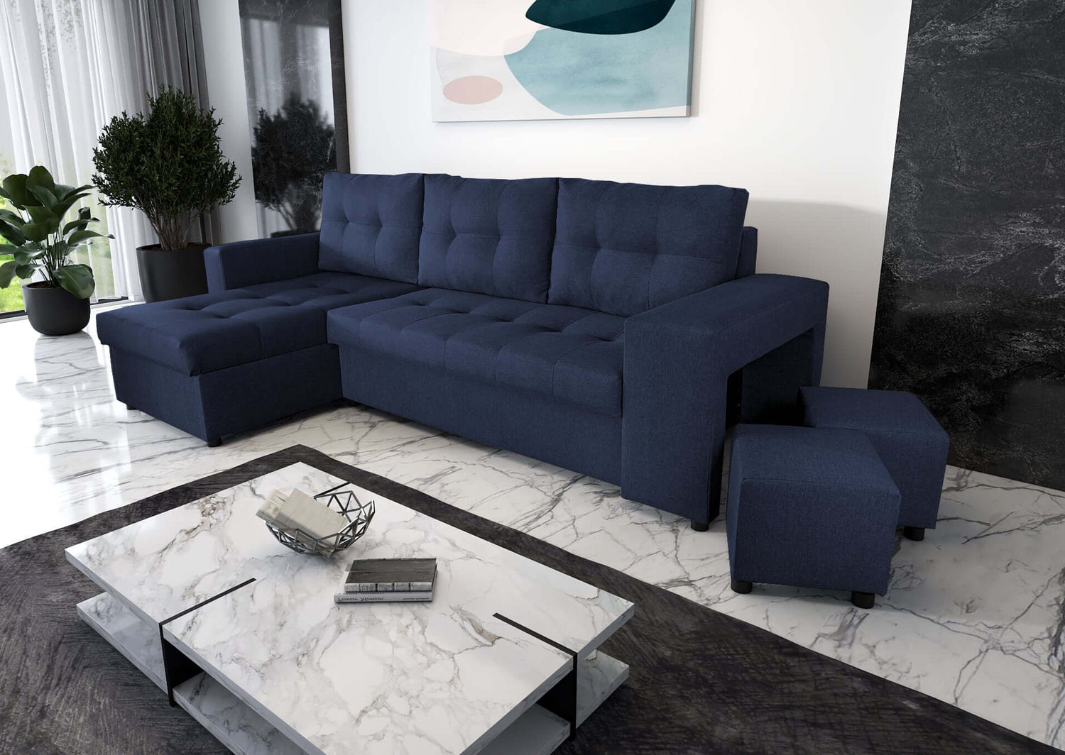 CORNER SOFA BED LEON 255CM 2X STORAGE SPACE UNIVERSAL CORNER RIGHT/LEFT CORNER / BONELL SPRINGS + FOAMFEATURES:BONELL SPRINGS + T28 FOAM 3 X LARGE BACKREST PILLOWS 2X STORAGE SPACE 2X STOOLBed-folding function DL SYSTEM (The unfolding process involves gen