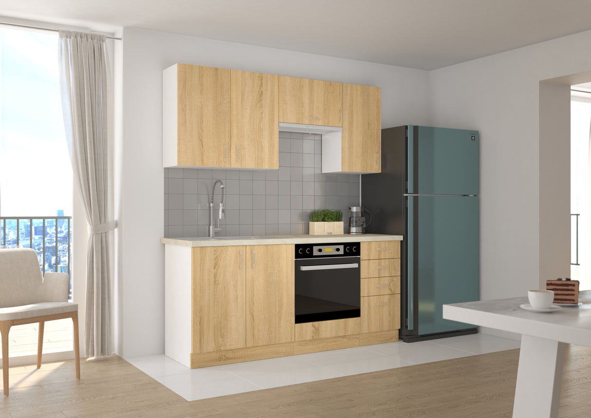 SARA KITCHEN SET LEFKAS OAKThe set includes the following elements:Upper cabinets (hanging) SARA SONOMA 80 G-72 2F | width 80cm, depth 31cm, height 72cm SARA SONOMA 60 OK-40 1F | width 60cm, depth 31cm, height 40cm SARA SONOMA 40 G-72 1F | width 40cm, dep