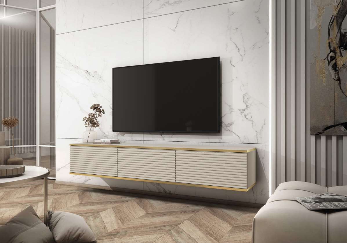 Floating TV Stand ORO 175 SLATS beigeTV Stand ORO 175 Depth: 32cmWidth: 175cmHeight: 30cmA modern tv table is a practical and elegant piece of furniture, a perfect for people who looking for functional furniture for a modern interior.The simple design gua