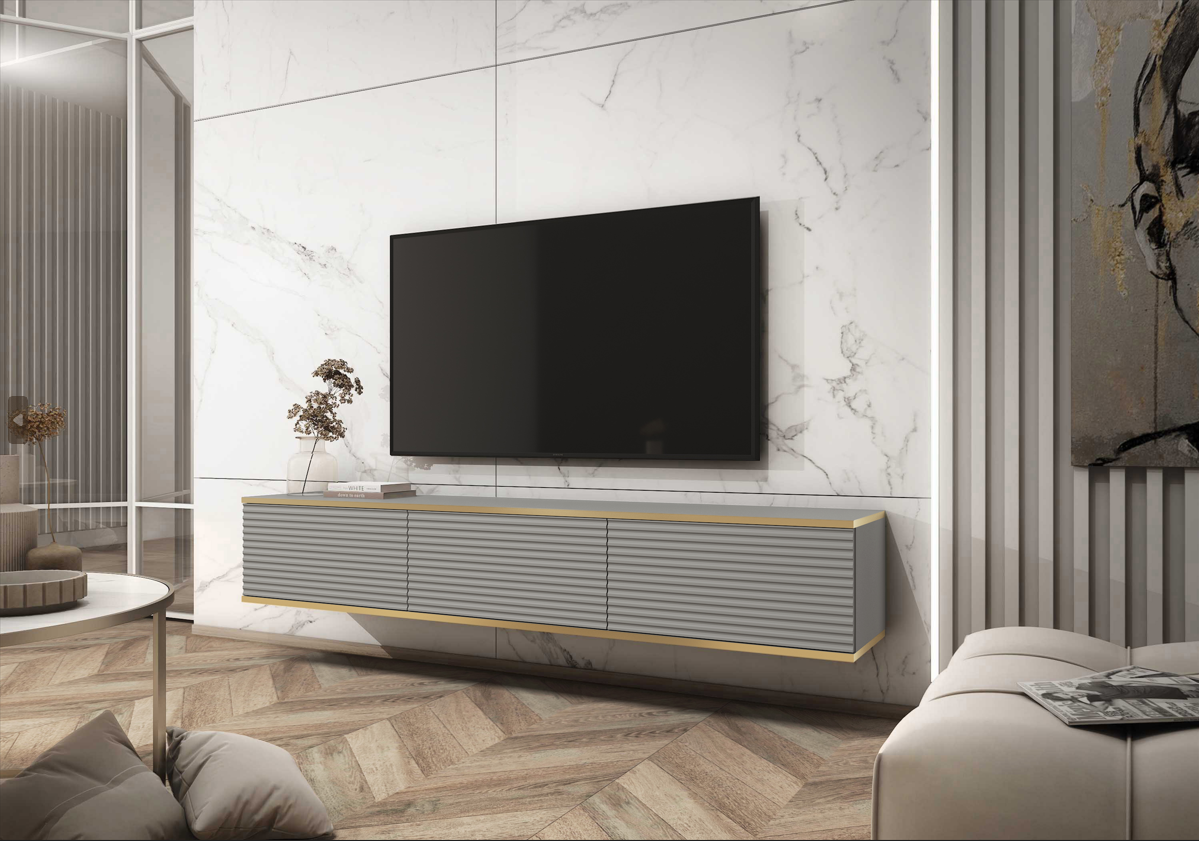 Floating TV Stand ORO 175 SLATS greyTV Stand ORO 175 Depth: 32cmWidth: 175cmHeight: 30cmA modern tv table is a practical and elegant piece of furniture, a perfect for people who looking for functional furniture for a modern interior.The simple design guar