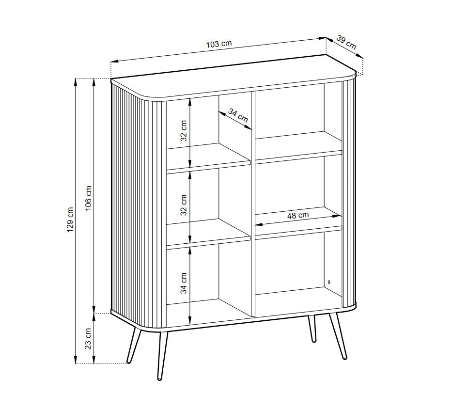 Storage cabinet ZOVA 03 BLACKProduct description Dimensions Width 103cm Height 129cm Depth 39cm Details Colour cashmere Material Laminated board 18mm / MDF-board 18mm Veneer ABS edges Legs Metal, in black (23cm) Warranty 24 monthsUncategorizedAnna Furnitu