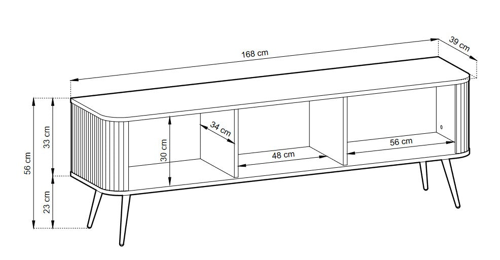 TV Stand ZOVA 01 CASHMEREProduct description Dimensions Width 168cm Height 56cm Depth 39cm Details Colour cashmere Material Laminated board 18mm / MDF-board 18mm Veneer ABS edges Legs Metal, in black (23cm) Warranty 24 monthsUncategorizedAnna Furniture