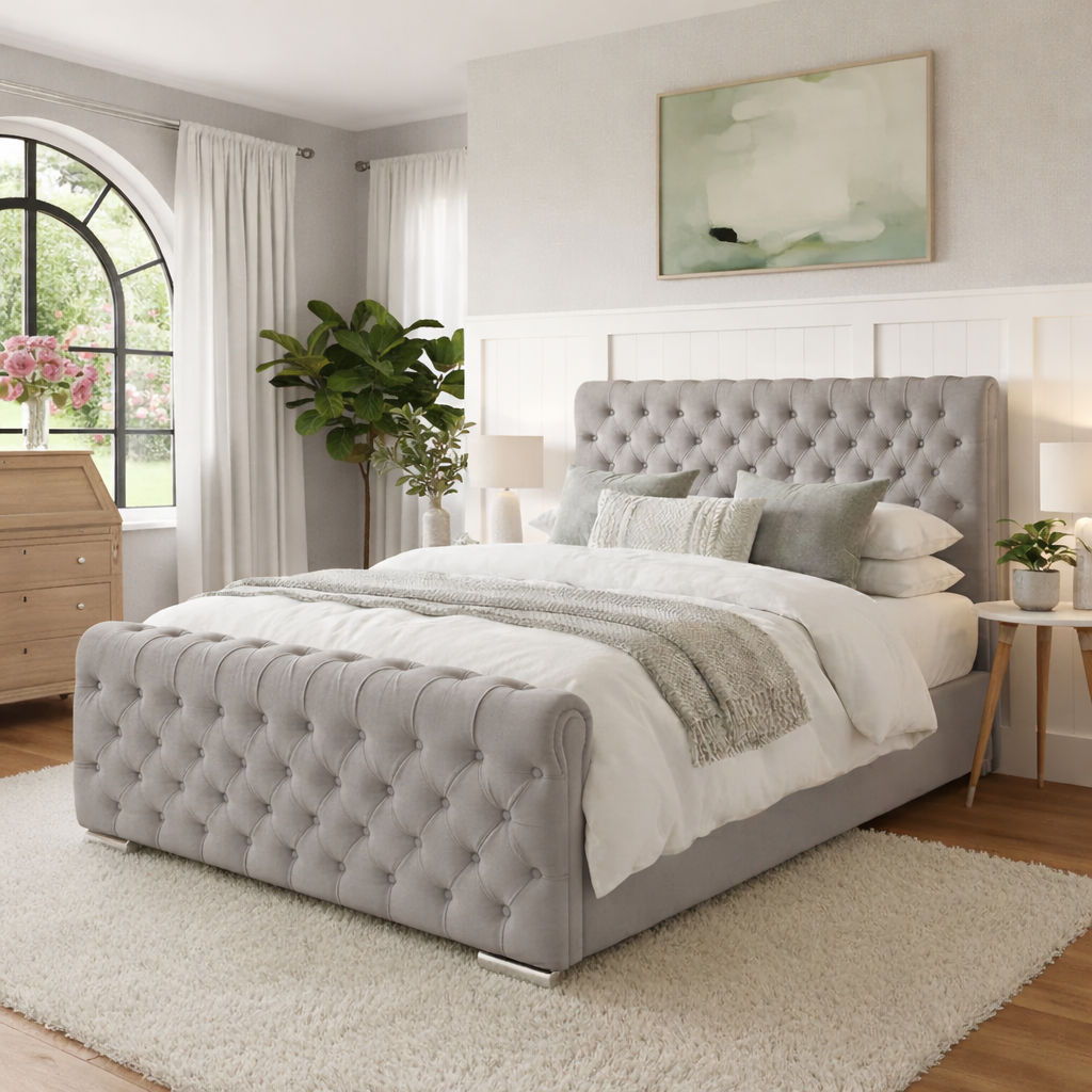 KOSTENLOSE LIEFERUNG! Luxuriöser Chesterfield-Bettgestell mit Flügelrücken und Hocker – Tief geknöpfter Samt | Erhältlich in allen Größen / WEICHER GRAUER SAMT