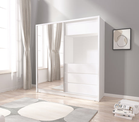 SLIDING DOOR WARDROBE TV 200M WHITEThis wardrobe is both spacious and stylish, making it an ideal addition to your bedroom. Its sleek design allows it to perfectly blend into any modern living room while exuding an air of sophistication and luxury. Crafte