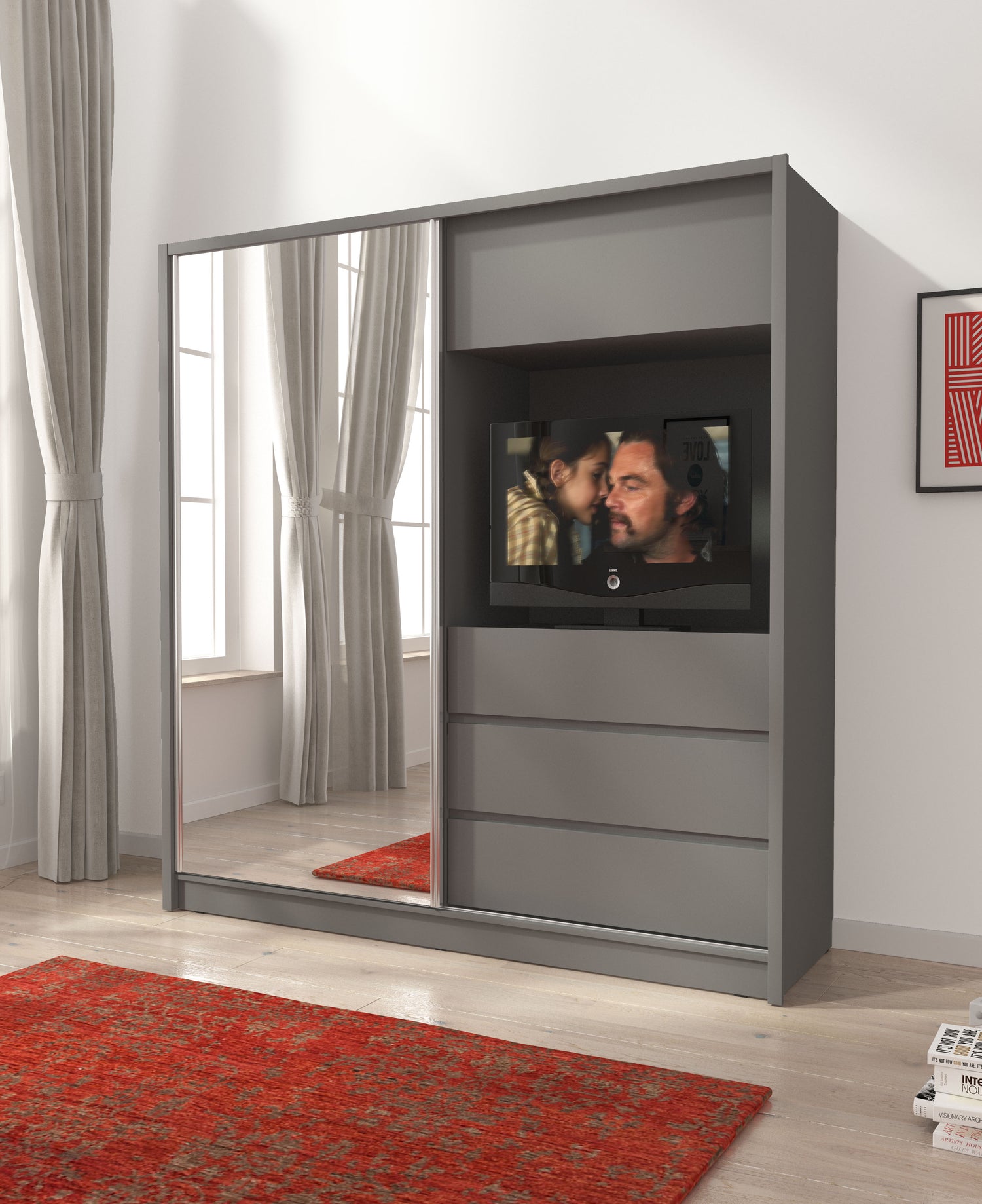 SLIDING DOOR WARDROBE TV 200M GRAPHITEThis wardrobe is both spacious and stylish, making it an ideal addition to your bedroom. Its sleek design allows it to perfectly blend into any modern living room while exuding an air of sophistication and luxury. Cra