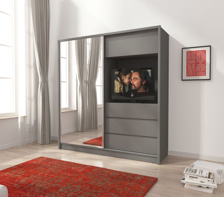 SLIDING DOOR WARDROBE TV 200M GRAPHITEThis wardrobe is both spacious and stylish, making it an ideal addition to your bedroom. Its sleek design allows it to perfectly blend into any modern living room while exuding an air of sophistication and luxury. Cra