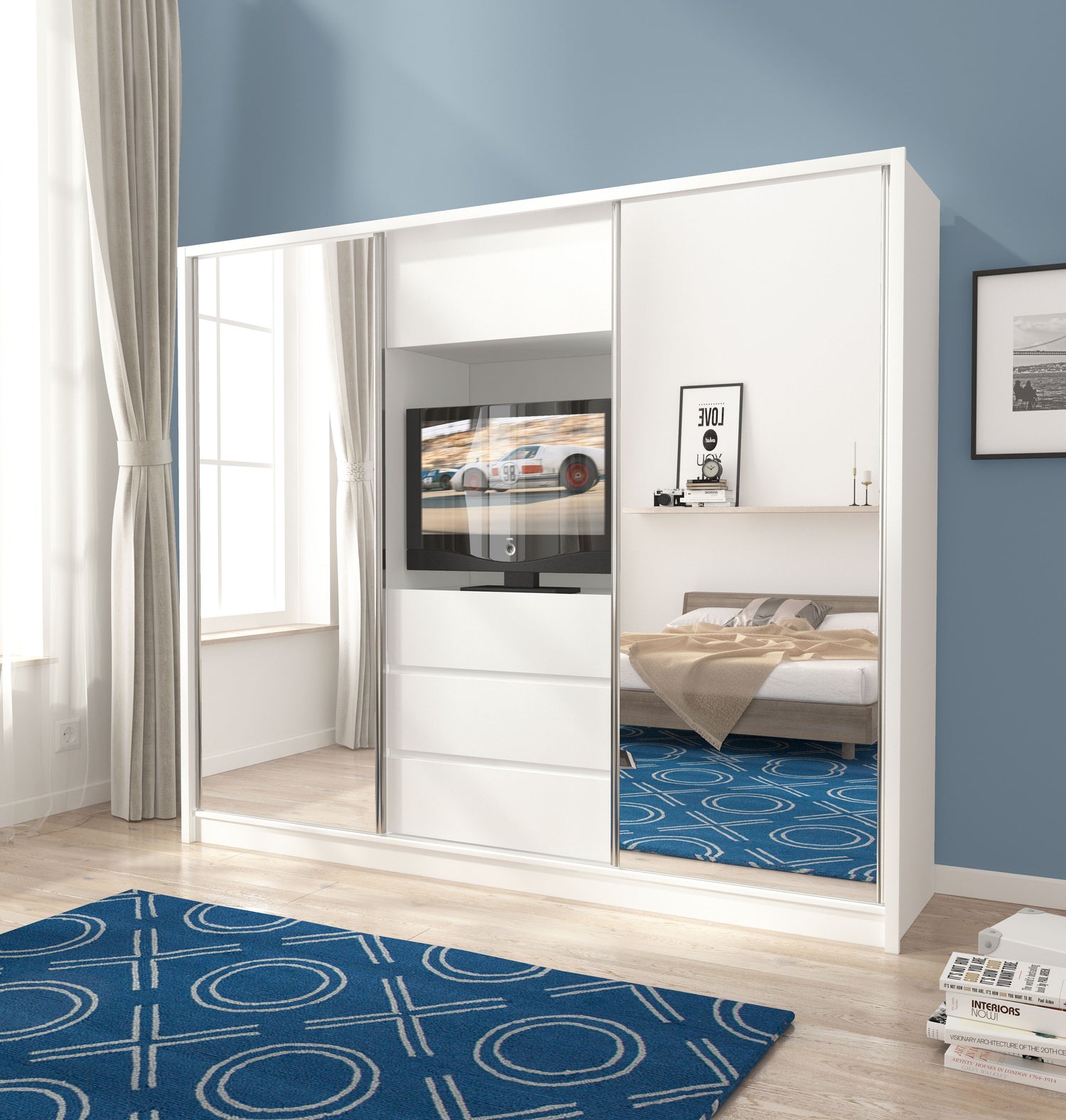 SLIDING DOOR WARDROBE TV 254CM WHITEUpgrade your bedroom with the ultimate blend of style and functionality. This sophisticated, minimalist wardrobe offers ample storage for all your clothing, shoes, bags, and bedroom essentials. With three drawers, six s