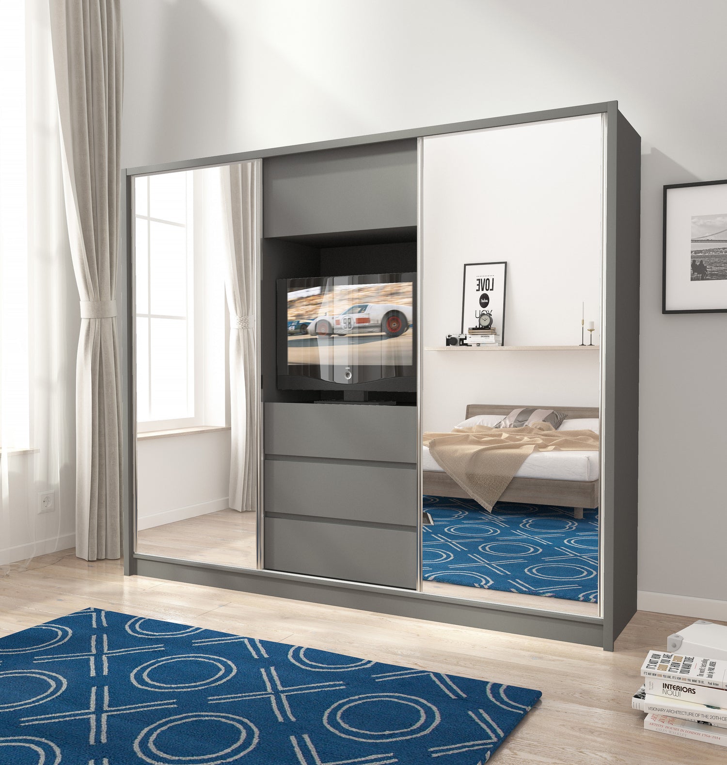 SLIDING DOOR WARDROBE TV 254CM GRAPHITEUpgrade your bedroom with the ultimate blend of style and functionality. This sophisticated, minimalist wardrobe offers ample storage for all your clothing, shoes, bags, and bedroom essentials. With three drawers, si