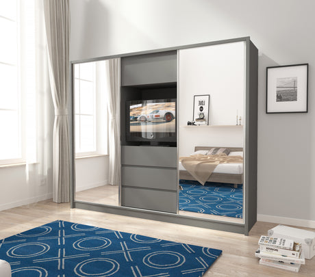 SLIDING DOOR WARDROBE TV 254CM GRAPHITEUpgrade your bedroom with the ultimate blend of style and functionality. This sophisticated, minimalist wardrobe offers ample storage for all your clothing, shoes, bags, and bedroom essentials. With three drawers, si