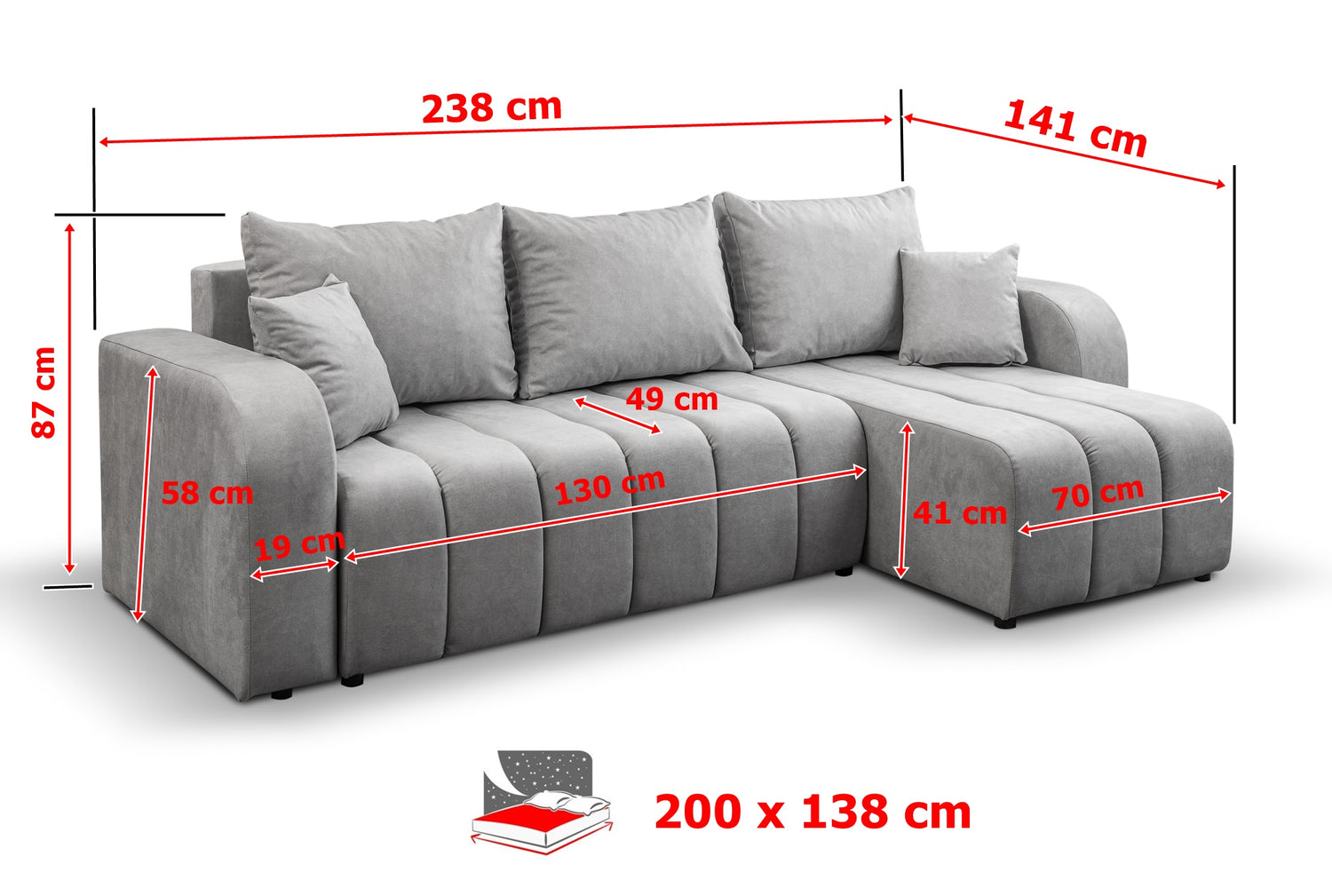 NAROŻNA SOFA ŁÓŻKO VENA 238CM uniwersalny PRAWY/LEWY NAROŻNIK / TKANINA ODPORNA NA PLAMY Z PIANKI