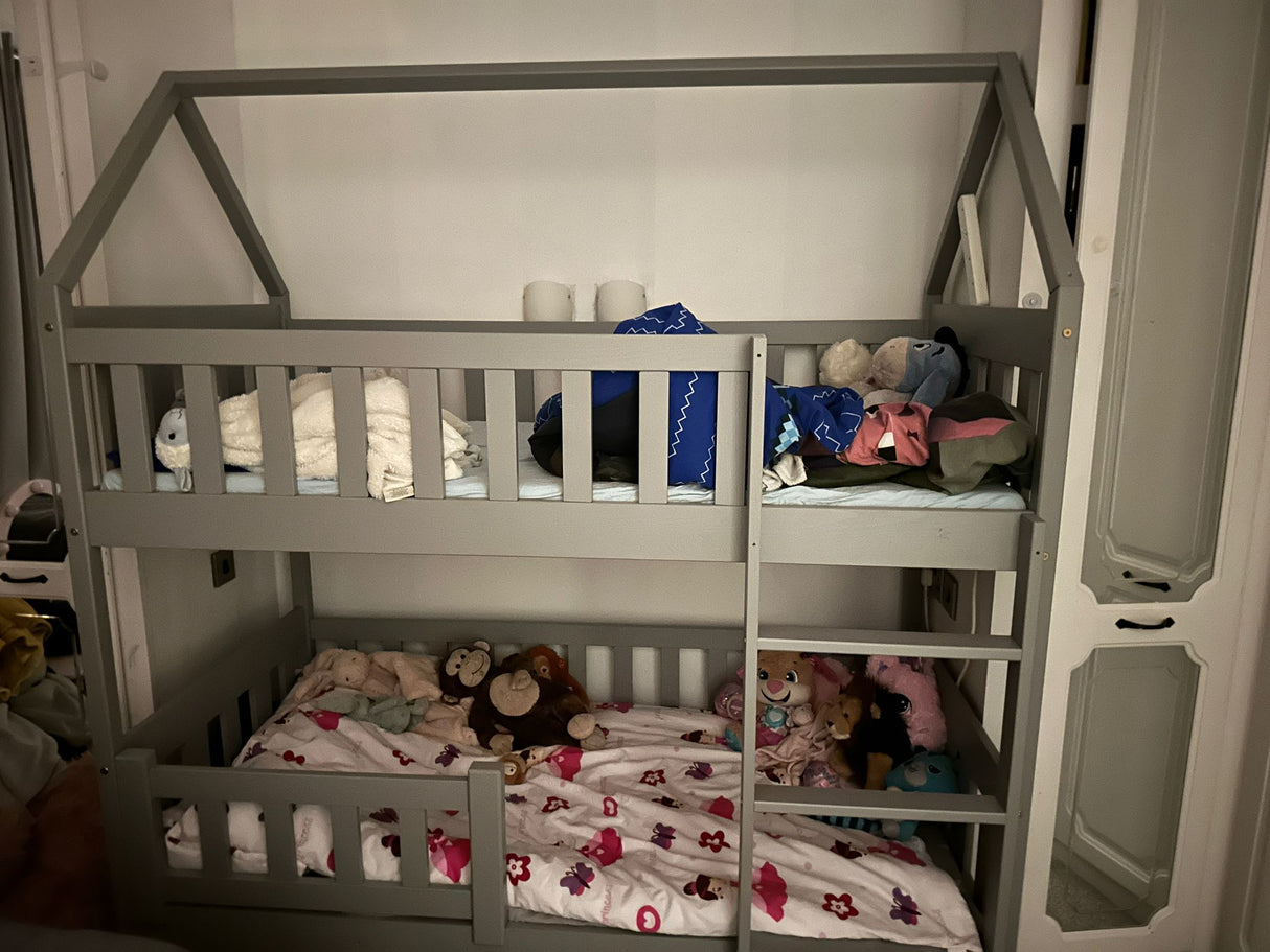 HOUSE SHAPE SOLID PINE BUNK BED BELLA GREY 168x86cm WITH DRAW AND MATTRESSThe bed is made entirely of FSC-certified pine wood, covered with three layers of varnish safe for children. Removable safety barrier will protect the smallest children from falling
