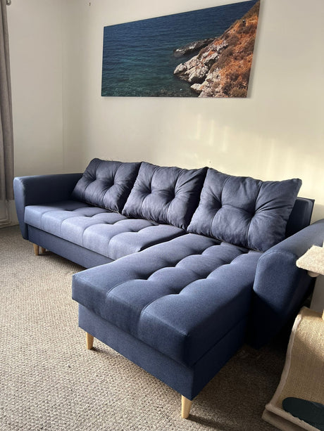 CORNER SOFA BED PALMO 2X STORAGE SPACE BLUE MALMO 79 240cm universal RIGHT/LEFT CORNER / BONELL SPRINGS + FOAMVIEW ALL COLORS CLICK HERETHIS MODEL IS UNIVERSAL WHICH MEANS YOU CAN CHOOSE CORNER SIDE DURING ASSEMBLYMADE IN MALMO FABRIC CLICK HERE3x PILLOW