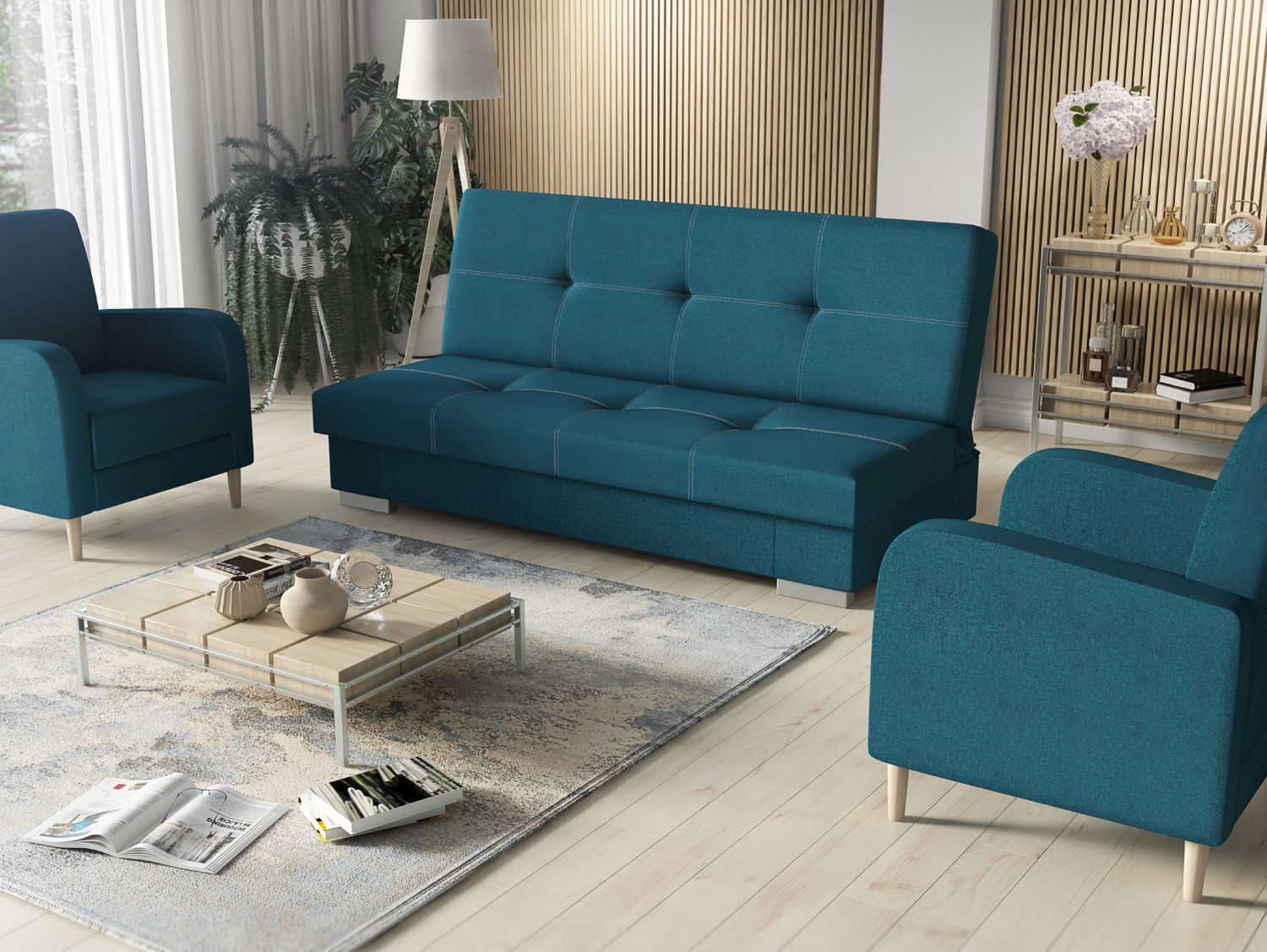 SOFA BED SET 3+1+1 AXEL + 2X ARMCHAIRS CARLODimensions: (+/- 2cm) - width 195 cm- depth 91 cm- height 90 cm- 119/195 cm sleeping areaThe following were used for the production of the sofa:- a structure made of pine wood, chipboard and MDF board- the seat