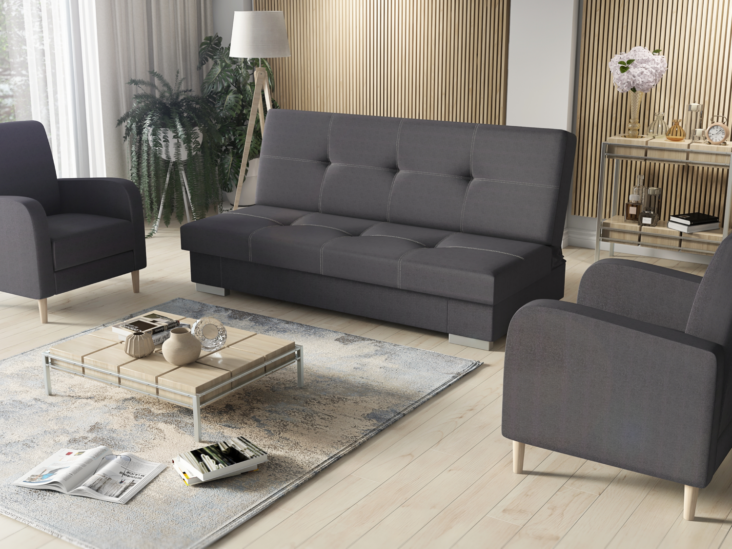 SOFA BED SET 3+1+1 AXEL + 2X ARMCHAIRS CARLODimensions: (+/- 2cm) - width 195 cm- depth 91 cm- height 90 cm- 119/195 cm sleeping areaThe following were used for the production of the sofa:- a structure made of pine wood, chipboard and MDF board- the seat