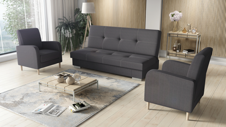SOFA BED SET 3+1+1 AXEL + 2X ARMCHAIRS CARLODimensions: (+/- 2cm) - width 195 cm- depth 91 cm- height 90 cm- 119/195 cm sleeping areaThe following were used for the production of the sofa:- a structure made of pine wood, chipboard and MDF board- the seat