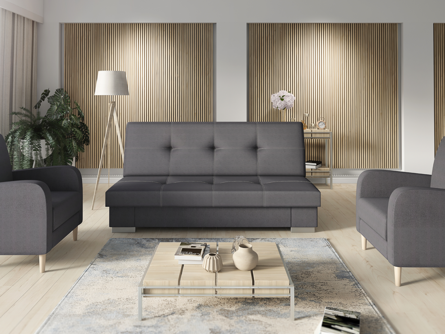 SOFA BED SET 3+1+1 AXEL + 2X ARMCHAIRS CARLODimensions: (+/- 2cm) - width 195 cm- depth 91 cm- height 90 cm- 119/195 cm sleeping areaThe following were used for the production of the sofa:- a structure made of pine wood, chipboard and MDF board- the seat