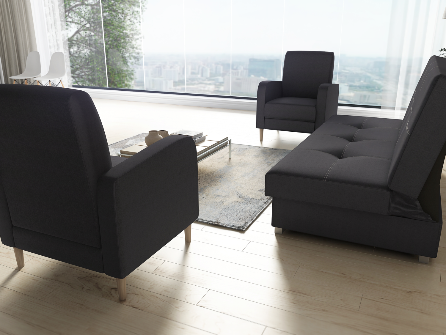 SOFA BED SET 3+1+1 AXEL + 2X ARMCHAIRS CARLODimensions: (+/- 2cm) - width 195 cm- depth 91 cm- height 90 cm- 119/195 cm sleeping areaThe following were used for the production of the sofa:- a structure made of pine wood, chipboard and MDF board- the seat