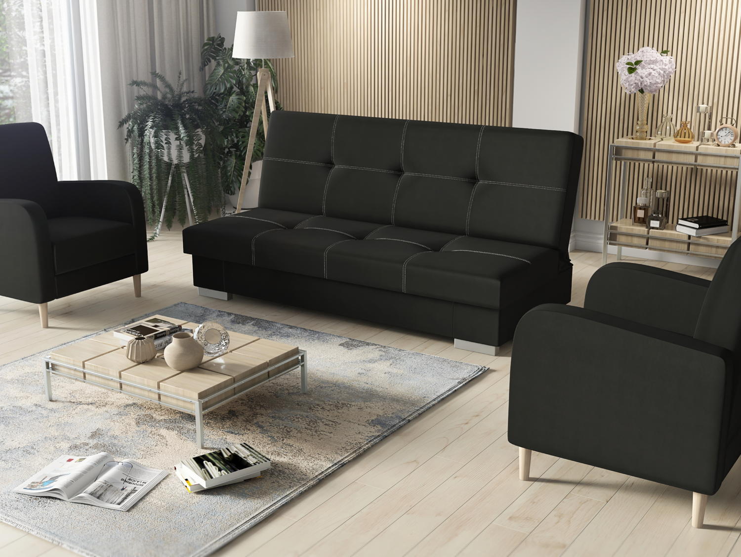 SOFA BED SET 3+1+1 AXEL + 2X ARMCHAIRS CARLODimensions: (+/- 2cm) - width 195 cm- depth 91 cm- height 90 cm- 119/195 cm sleeping areaThe following were used for the production of the sofa:- a structure made of pine wood, chipboard and MDF board- the seat