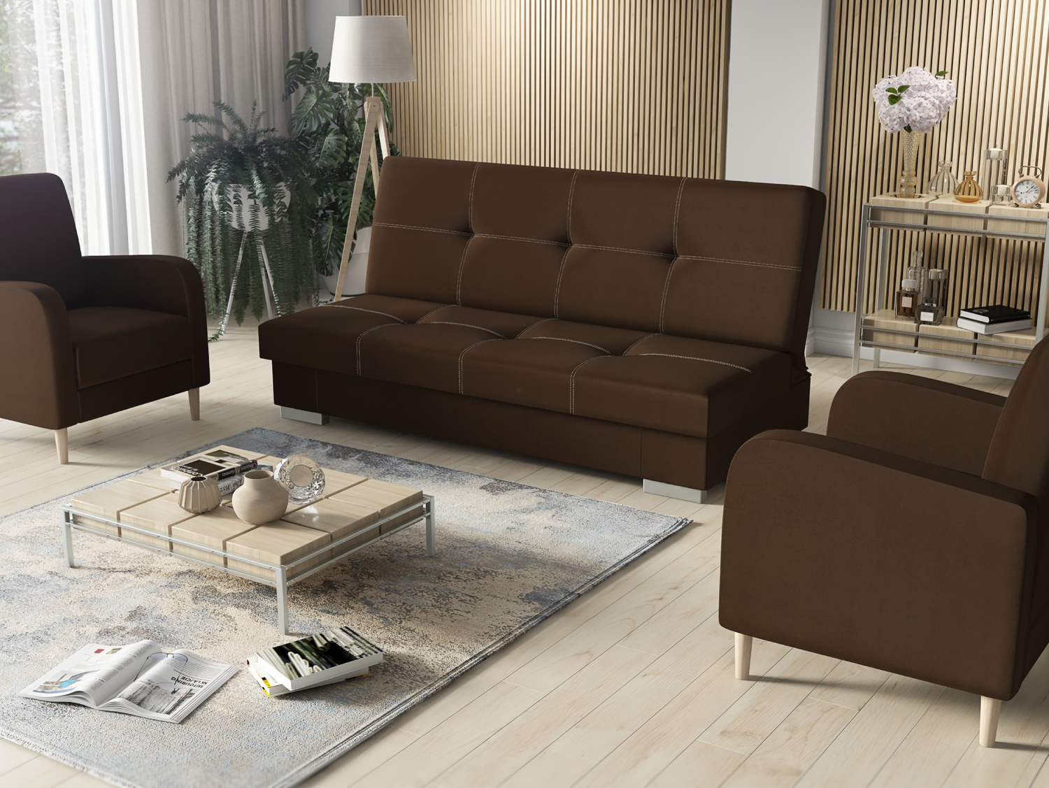 SOFA BED SET 3+1+1 AXEL + 2X ARMCHAIRS CARLODimensions: (+/- 2cm) - width 195 cm- depth 91 cm- height 90 cm- 119/195 cm sleeping areaThe following were used for the production of the sofa:- a structure made of pine wood, chipboard and MDF board- the seat