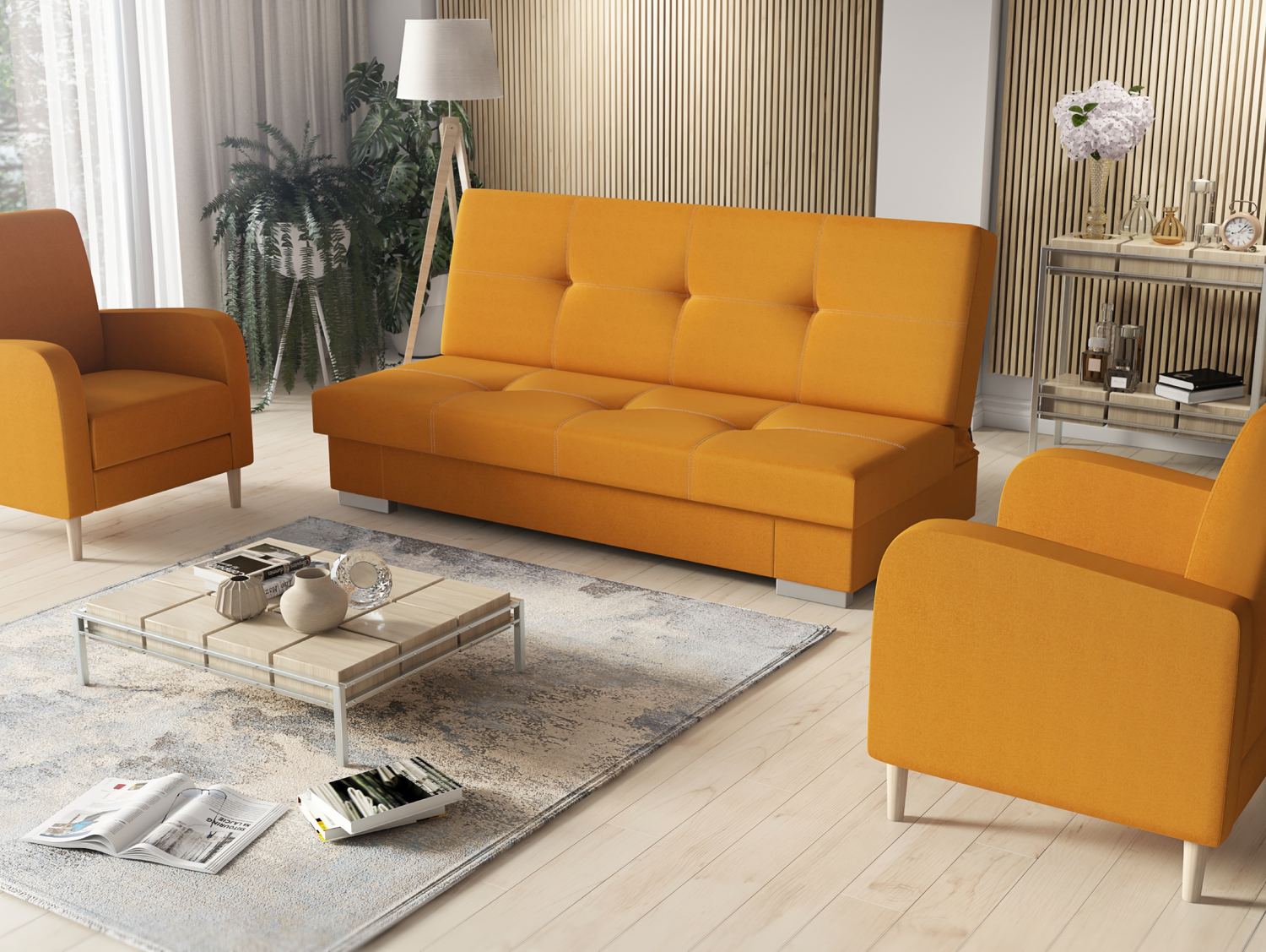 SOFA BED SET 3+1+1 AXEL + 2X ARMCHAIRS CARLODimensions: (+/- 2cm) - width 195 cm- depth 91 cm- height 90 cm- 119/195 cm sleeping areaThe following were used for the production of the sofa:- a structure made of pine wood, chipboard and MDF board- the seat