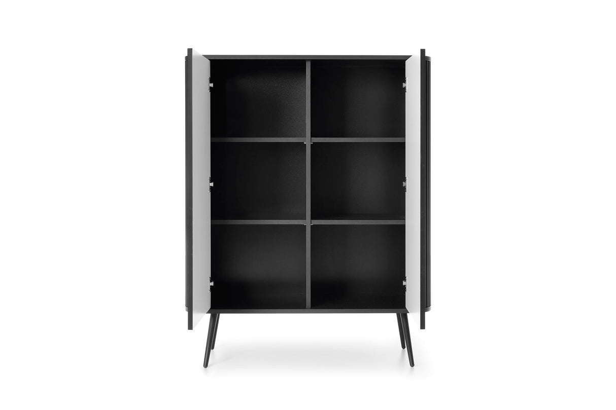 Storage cabinet ZOVA 03 BLACKProduct description Dimensions Width 103cm Height 129cm Depth 39cm Details Colour cashmere Material Laminated board 18mm / MDF-board 18mm Veneer ABS edges Legs Metal, in black (23cm) Warranty 24 monthsUncategorizedAnna Furnitu
