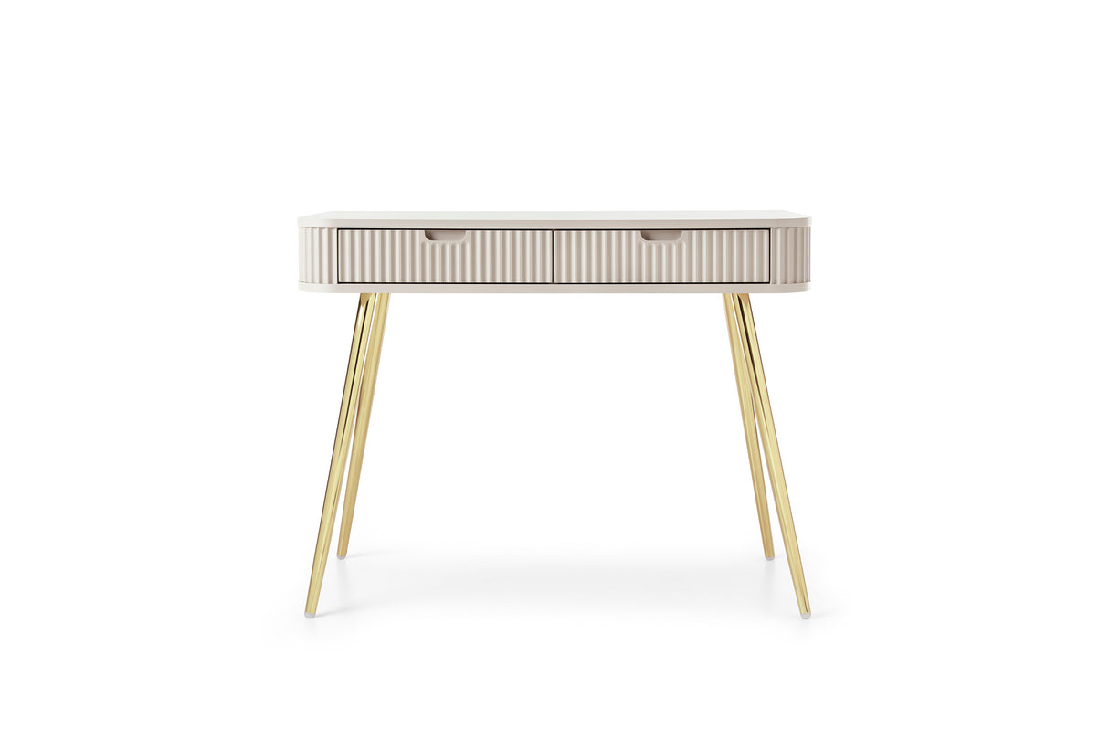 DRESSING TABLE ZOVA CASHEMEREProduct description Dimensions Width 103cm Height 80cm Depth 49cm Details Colour cashmere Material Laminated board 18mm / MDF-board 18mm Veneer ABS edges Legs Metal, in black (65cm) Warranty 24 monthsUncategorizedAnna Furnitur