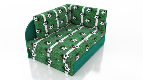 UNIVERSAL CORNER SOFA BED KUBUS CUBE GREEN FOOTBALL Children roomTHIS MODEL IS UNIVERSAL WHICH MEANS YOU CAN CHOOSE CORNER SIDE DURING ASSEMBLYCHILDREN CORNER SOFA BEDSOFKA NAROZNIK TAPCZANIK DZIECIECY - depth 77 cm- width 106 cm- height with bacon 50 cm-