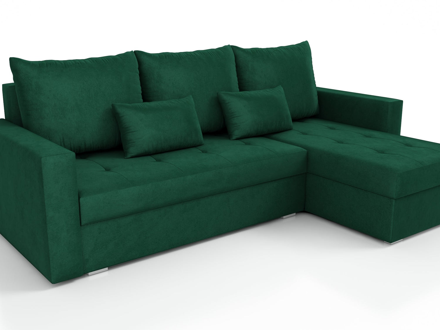 UNIVERSAL CORNER SOFA BED LOTUS 229CM GREEN KRONOS 19 2X STORAGE SPACE / FOAM 2X STORAGETHIS MODEL IS UNIVERSAL WHICH MEANS YOU CAN CHOOSE CORNER SIDE DURING ASSEMBLYSpecification made on foam construction made of board / pine wood / hdf satin plastic leg