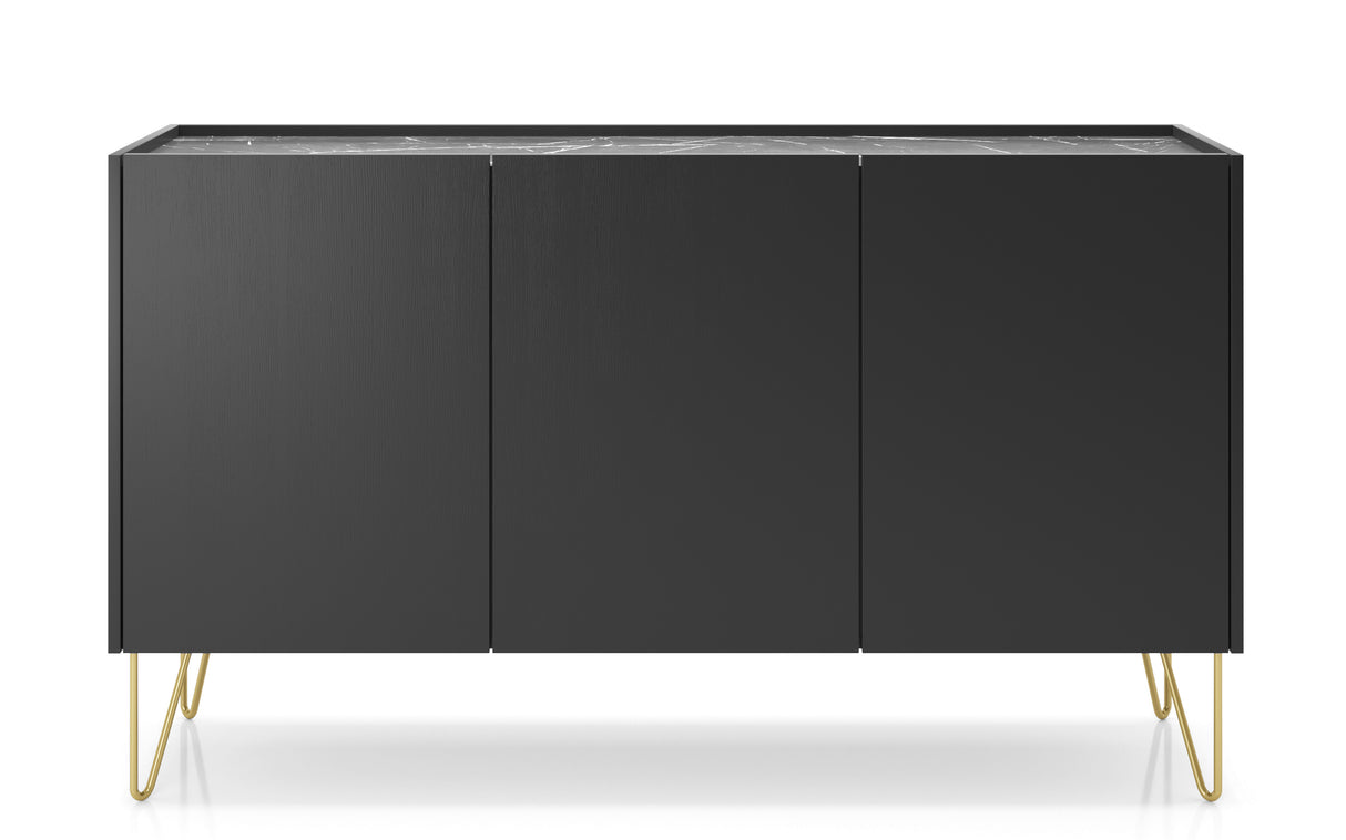 Storage cabinet HARMONY 03 black / black marbleStorage cabinet HARMONY 03 black / black marble 144/83/37CM ColourBlack / Black marble + Golden MaterialLaminated board 16mm VeneerEdging ABS Metal Legs PUSH-TO-OPENAnna Furniture