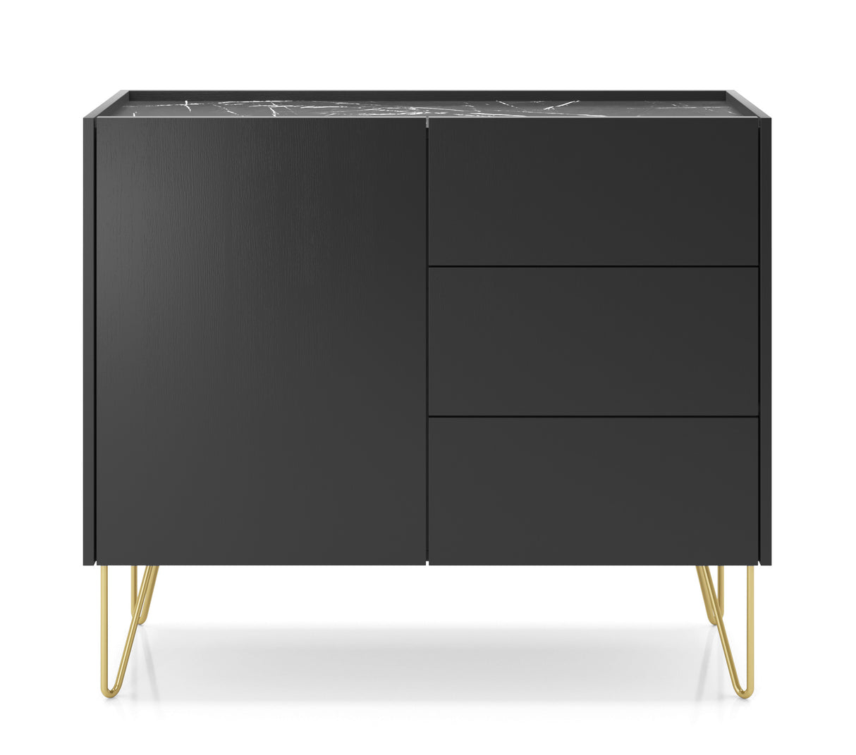 Storage cabinet HARMONY 02 black / black marbleStorage cabinet HARMONY 02 black / black marble 97/83/37CM ColourBlack / Black marble + Golden MaterialLaminated board 16mm VeneerEdging ABS Metal Legs PUSH-TO-OPENAnna Furniture