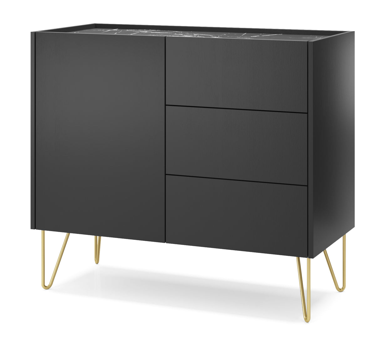 Storage cabinet HARMONY 02 black / black marbleStorage cabinet HARMONY 02 black / black marble 97/83/37CM ColourBlack / Black marble + Golden MaterialLaminated board 16mm VeneerEdging ABS Metal Legs PUSH-TO-OPENAnna Furniture