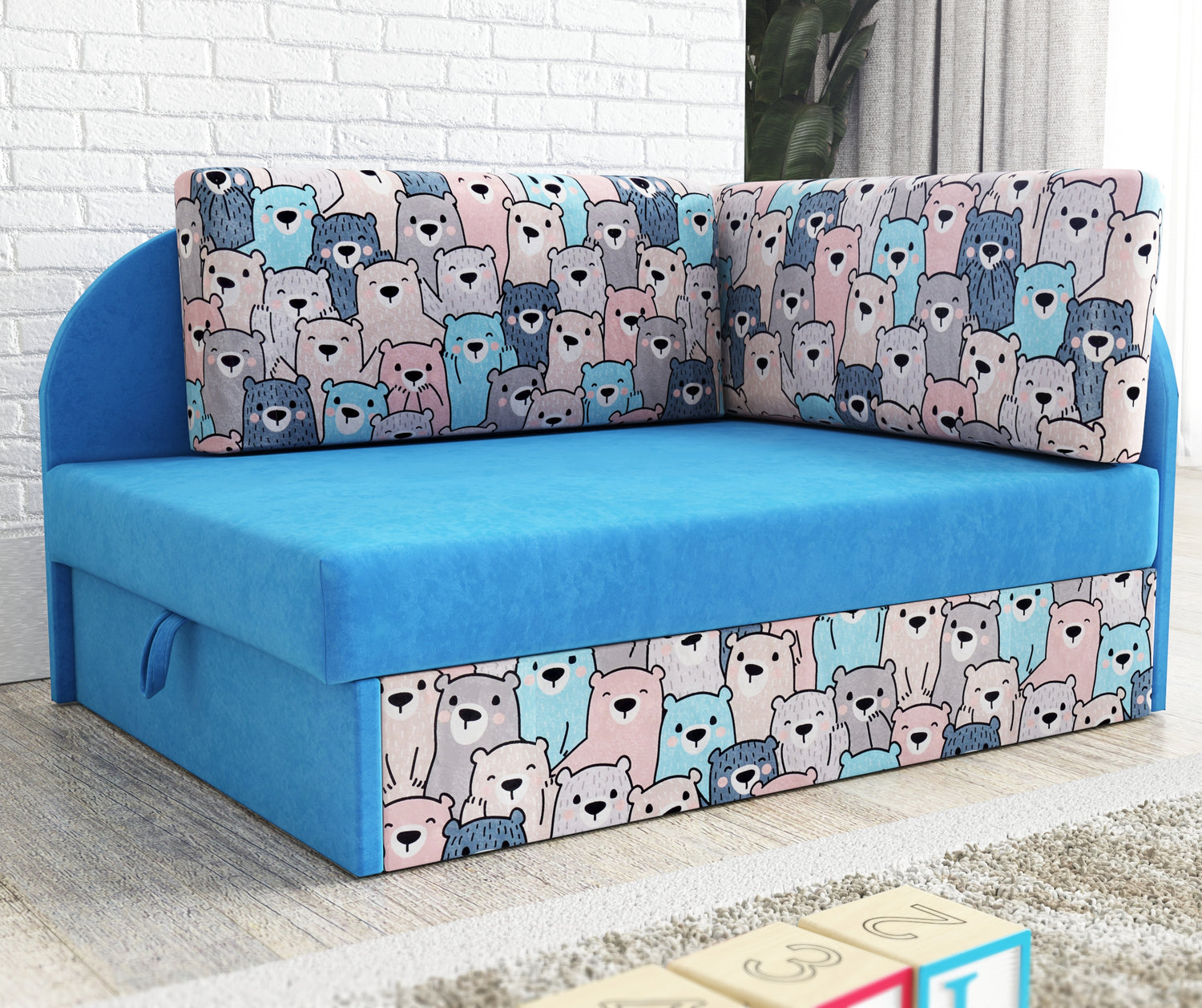 UNIVERSAL CORNER SOFA BED KUBUS CUBE BLUE / TEDDY Children roomTHIS MODEL IS UNIVERSAL WHICH MEANS YOU CAN CHOOSE CORNER SIDE DURING ASSEMBLYCHILDREN CORNER SOFA BEDSOFKA NAROZNIK TAPCZANIK DZIECIECY - depth 77 cm- width 106 cm- height with bacon 50 cm- 7