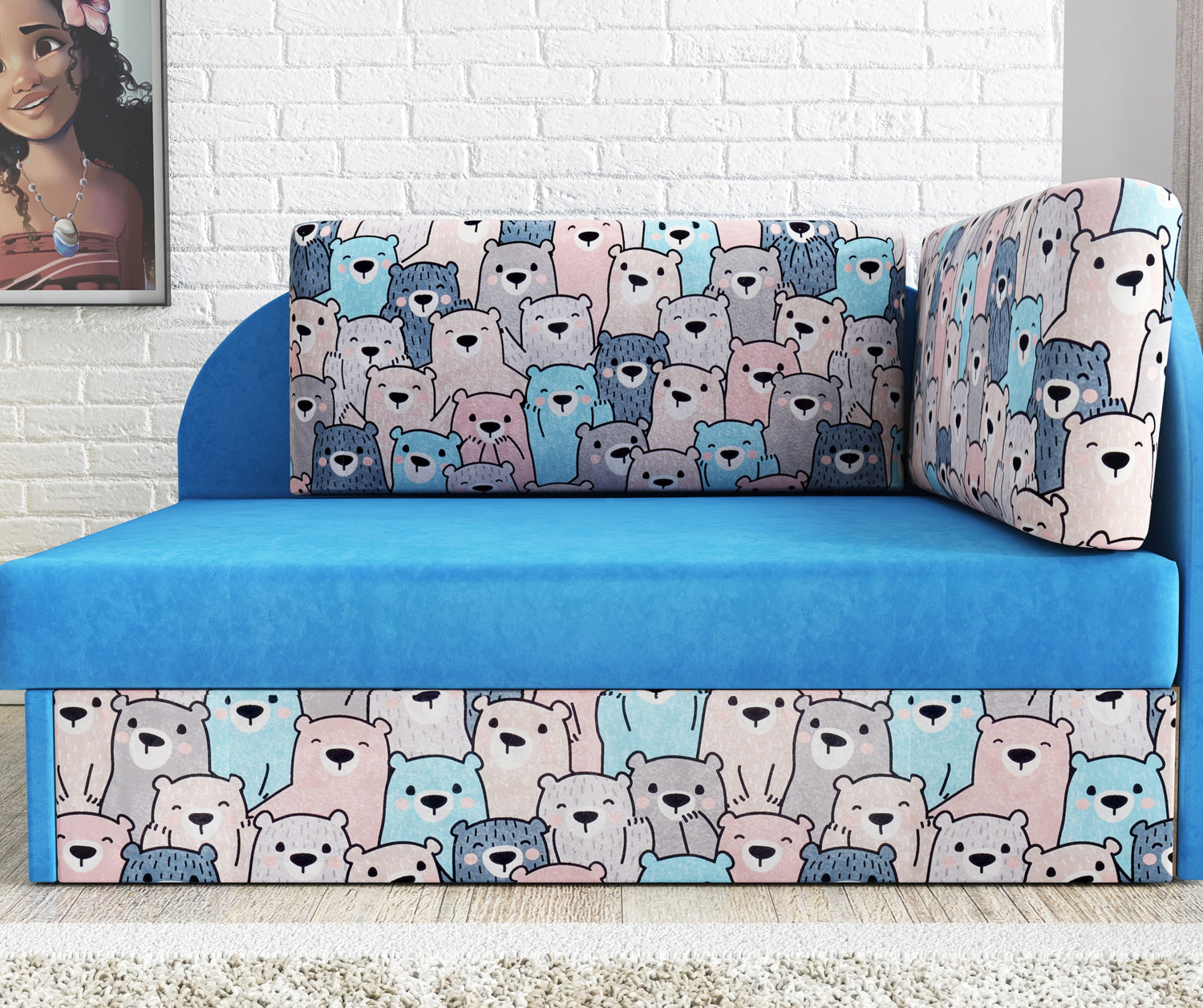 UNIVERSAL CORNER SOFA BED KUBUS CUBE BLUE / TEDDY Children roomTHIS MODEL IS UNIVERSAL WHICH MEANS YOU CAN CHOOSE CORNER SIDE DURING ASSEMBLYCHILDREN CORNER SOFA BEDSOFKA NAROZNIK TAPCZANIK DZIECIECY - depth 77 cm- width 106 cm- height with bacon 50 cm- 7