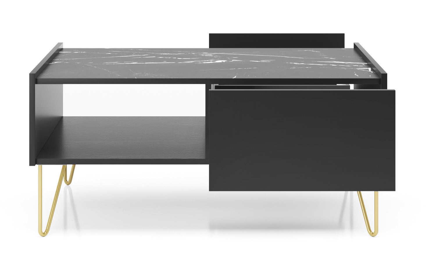 Coffee Table HARMONY 05 black / black marbleTV Stand HARMONY 01 (144/55/37) Colour Black / Black marble + Golden Material Laminated board 16mm Veneer Edging ABS Metal LegsAnna Furniture