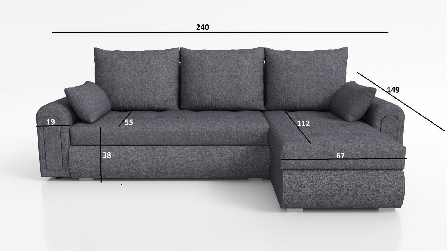 UNIVERSAL CORNER SOFA BED ECO 240CM BERLIN 02 / MADRYT 9100 2X STORAGETHIS MODEL IS UNIVERSAL WHICH MEANS YOU CAN CHOOSE CORNER SIDE DURING ASSEMBLY Specifications: frame made of pine wood and furniture board (synee) Seats are made of I species foam t28/4