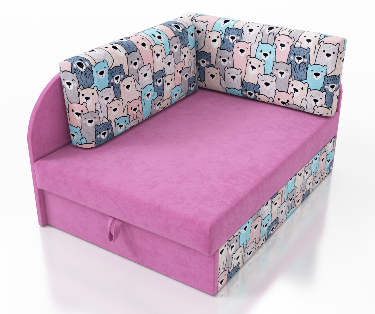 UNIVERSAL CORNER SOFA BED KUBUS CUBE PINK / TEDDY Children roomTHIS MODEL IS UNIVERSAL WHICH MEANS YOU CAN CHOOSE CORNER SIDE DURING ASSEMBLYCHILDREN CORNER SOFA BEDSOFKA NAROZNIK TAPCZANIK DZIECIECY - depth 77 cm- width 106 cm- height with bacon 50 cm- 7