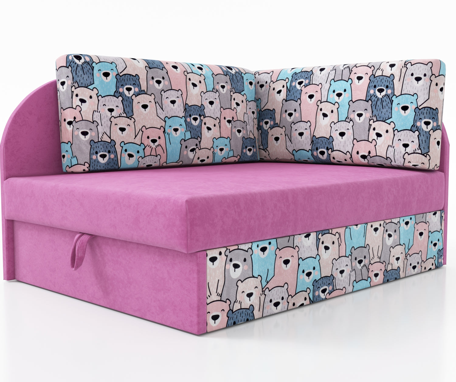 UNIVERSAL CORNER SOFA BED KUBUS CUBE PINK / TEDDY Children roomTHIS MODEL IS UNIVERSAL WHICH MEANS YOU CAN CHOOSE CORNER SIDE DURING ASSEMBLYCHILDREN CORNER SOFA BEDSOFKA NAROZNIK TAPCZANIK DZIECIECY - depth 77 cm- width 106 cm- height with bacon 50 cm- 7